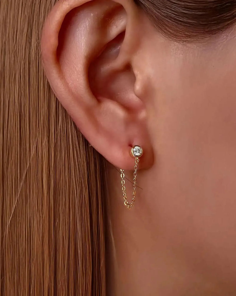 14K Solid Gold Natural Diamond Chain Drop Stud Earrings