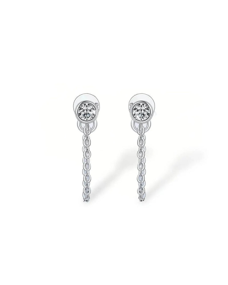 14K Solid Gold Natural Diamond Chain Drop Stud Earrings