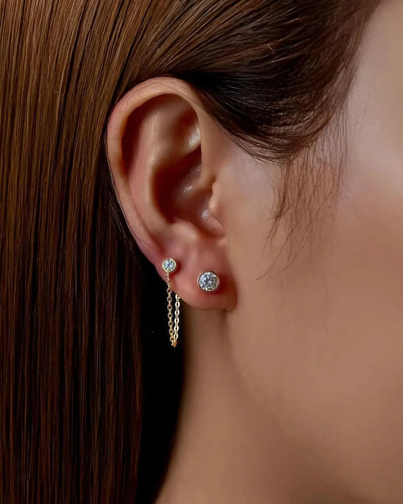 18K Solid Gold Natural Diamond Chain Drop Stud Earrings - Side View | Riyanika Jewels