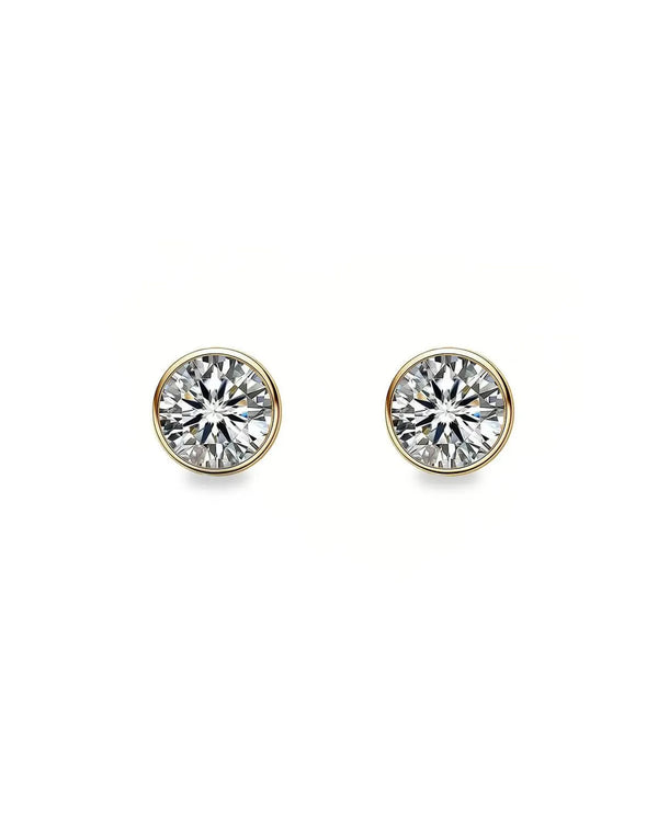 18K Solid Gold Bezel Set Natural Diamond Stud Earrings - Side View | Riyanika Jewels