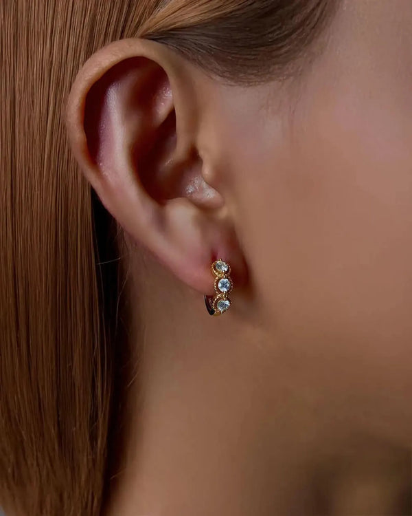 Three Stone Natural Diamond Hoop Earrings in 18K Solid Gold - Side View | Riyanika Jewels