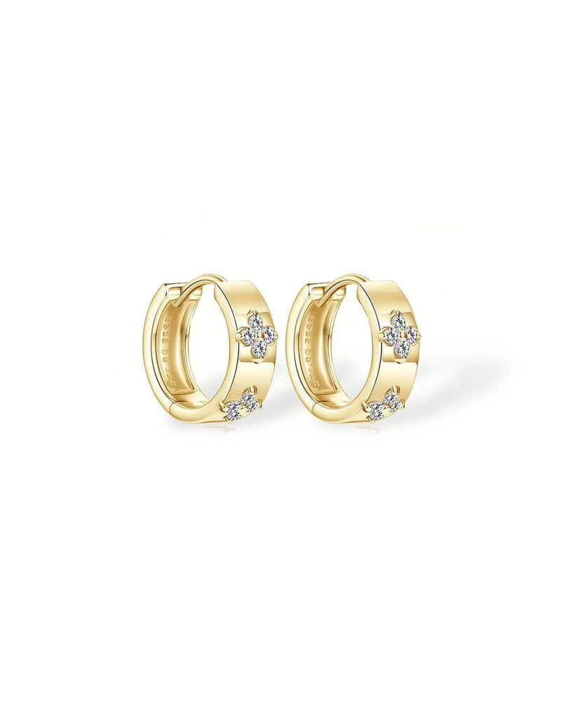14K Solid Gold Double Clover Lab Grown Diamond Hoop Earrings