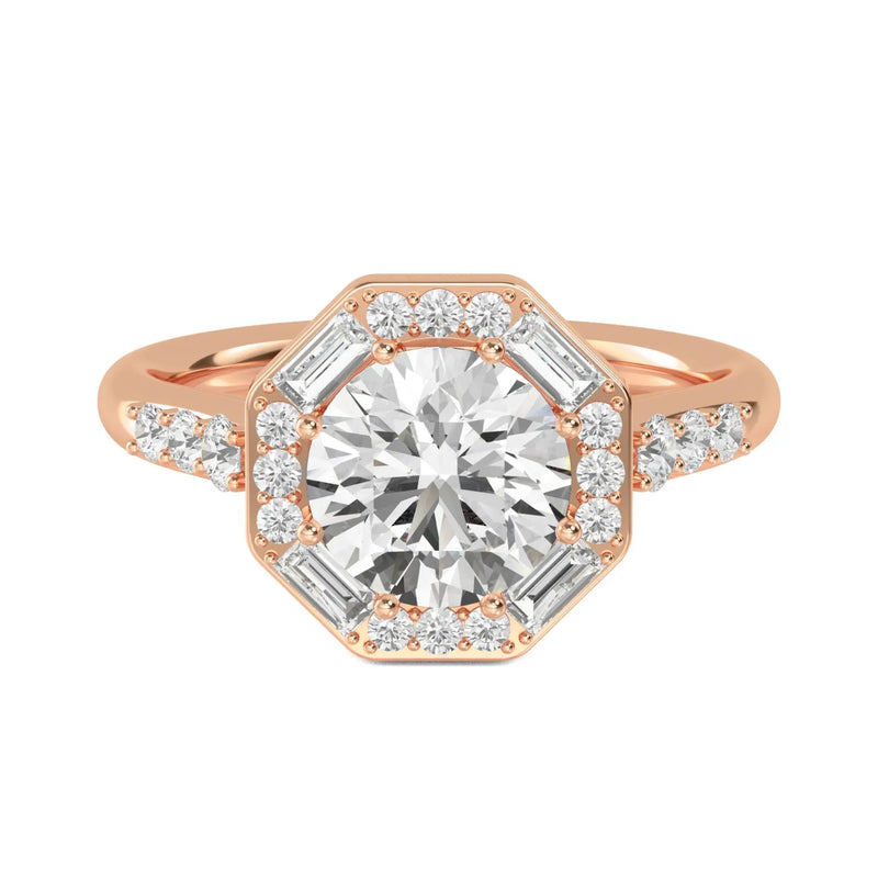 18K Solid Gold 1.96 Carat Lab Grown Round Diamond with Baguette & Round Side Stones Engagement - Side View | Riyanika Jewels