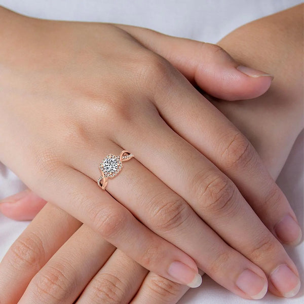 18K Solid Gold 1.13 ct Twisted Infinity Pavé Round Lab Grown Diamond Halo Engagement Rin - Side View