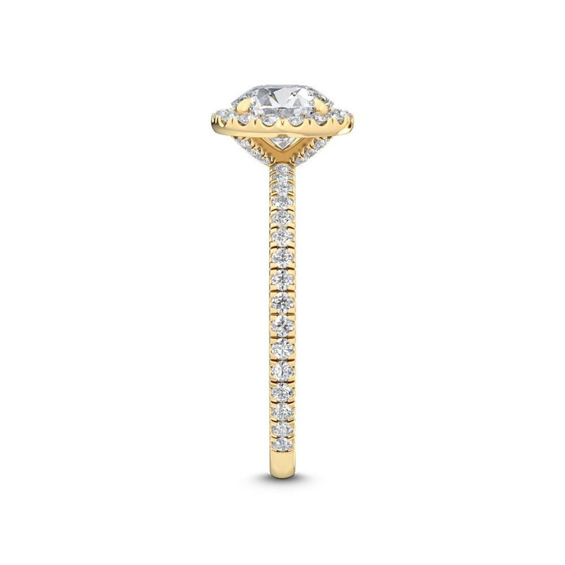 1.54 Carat Round Halo Pavé Lab Grown Diamond Engagement Ring in 18K Gol - Close Up | Riyanika Jewels