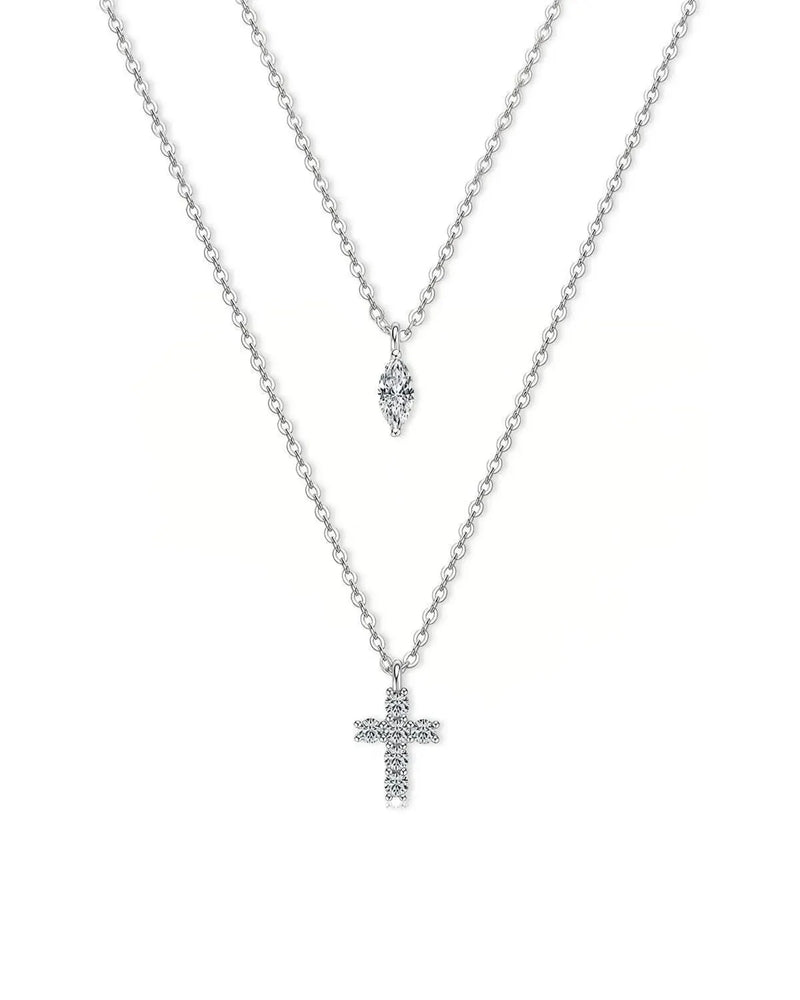 18K Solid Gold Marquise Layered Diamond Cross Pendant Double Chain Necklace
