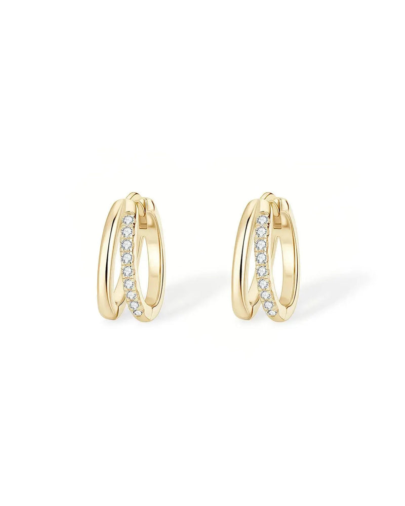 14K Solid Gold Diamond Huggie Earrings | Double Hoop Diamond