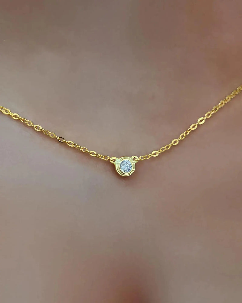 Petite Solitaire Natural Diamond Necklace | 18K Gold Minimalist Sparkling Necklace - Close Up