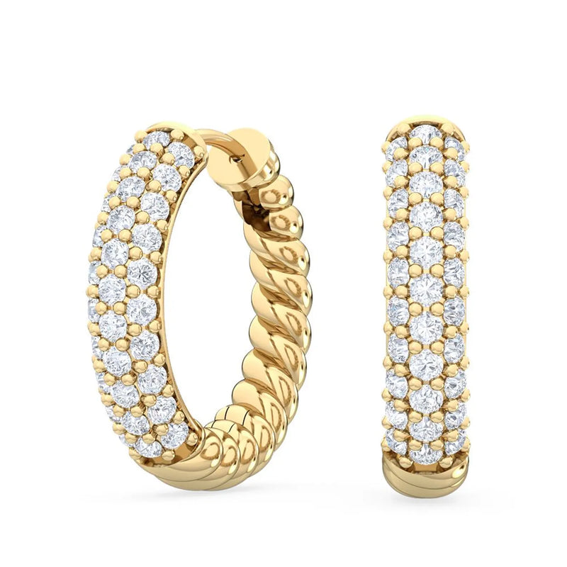 18K Solid Gold 0.41Ct Natural Diamond Hoop Earrings | 18K Solid Gold Twisted Pave Huggies - Close Up