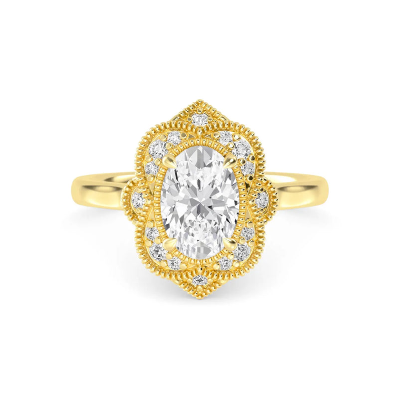 18K Solid Gold 1.25 CT Vintage Oval Halo Lab Grown Diamond Engagement Ring | Art Deco - Alternate Angle | Riyanika Jewels