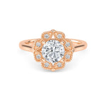 18K Solid Gold 1.18CT Vintage Floral Halo Round Cut Natural Diamond Engagement Ring - Close Up | Riyanika Jewels