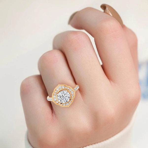 18K Solid Gold 1.50CT Vintage-Inspired Round Brilliant Cut Natural Diamond Floral Halo - Side View | Riyanika Jewels