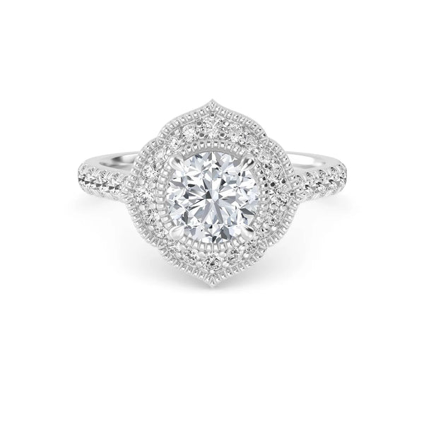 18K Solid Gold 1.50CT Vintage-Inspired Round Brilliant Cut Natural Diamond Floral Halo Engagement Ring Vintage-Inspired Round Brilliant Cut