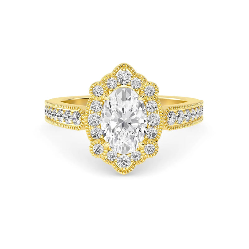 18K Solid Gold 1.45ct Vintage Floral Oval Halo Diamond Engagement Ring - Close Up | Riyanika Jewels