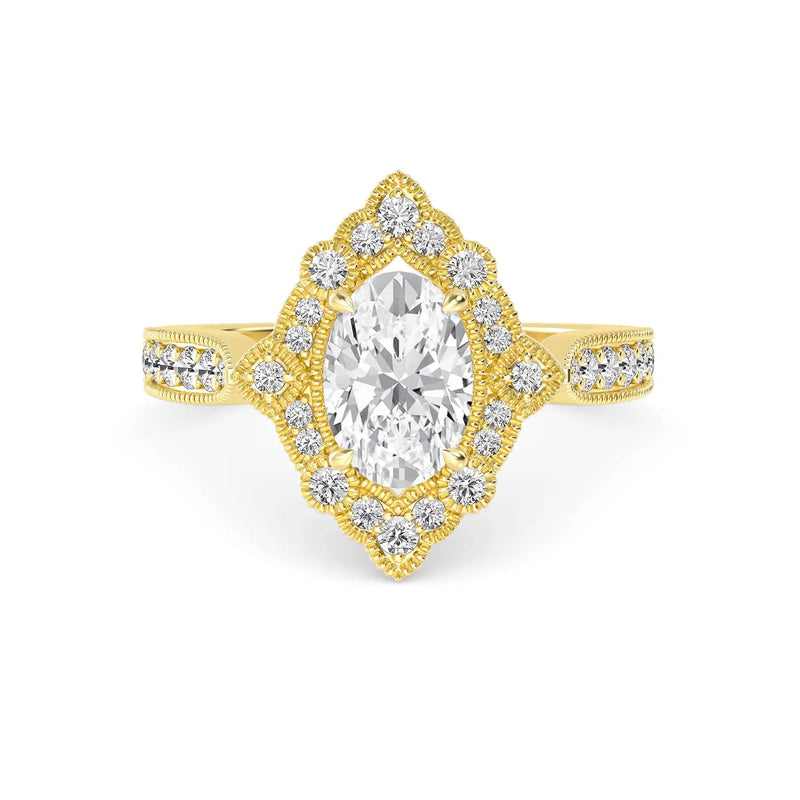 18K Solid Gold 1.36Ct Vintage-Style Double Halo Oval Natural Diamond Engagement Ring - Close Up
