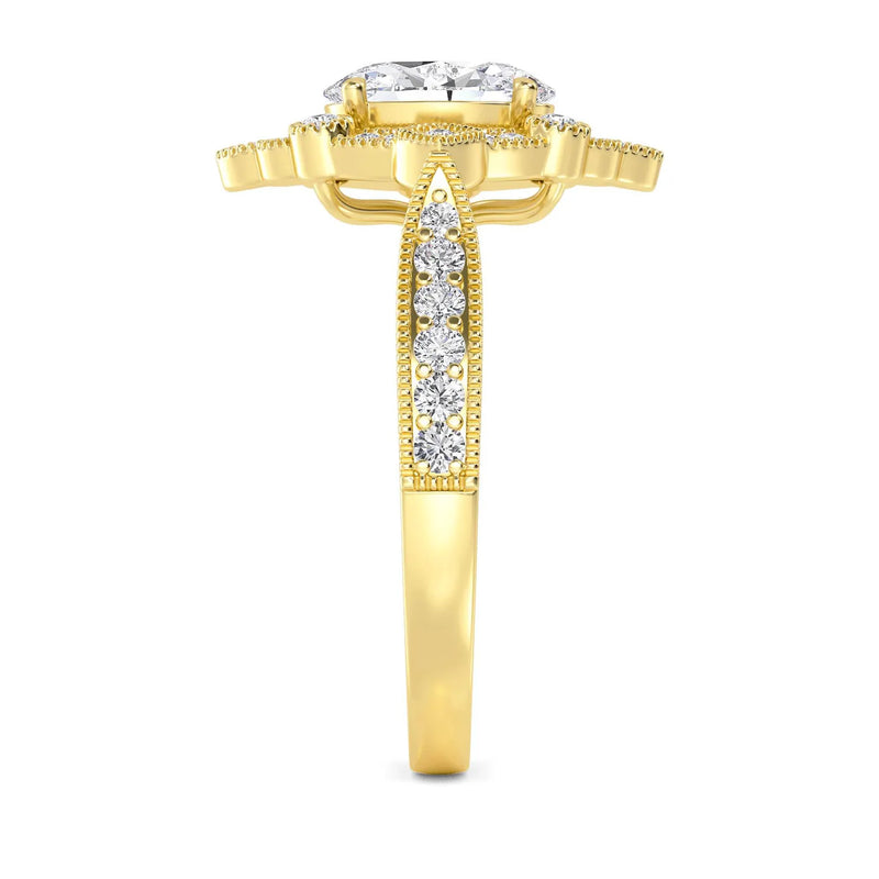18K Solid Gold 1.36Ct Vintage-Style Double Halo Oval Natural Diamond Engagement Ring - Detail