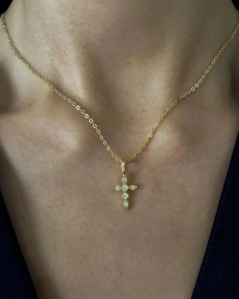 14K Solid Gold Natural Diamond Cross Pendant Necklace