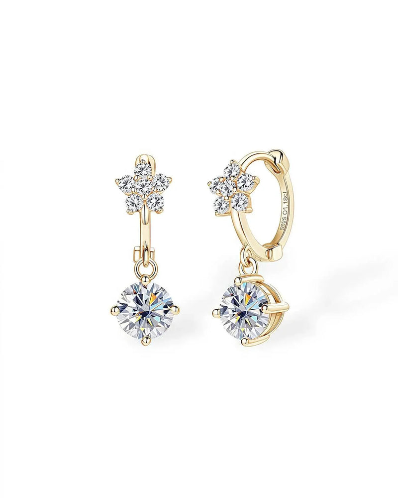 18K Solid Gold Floral Huggies Drop Earrings | 1ct Round Lab Grown Diamond Drop Earrings - Detail