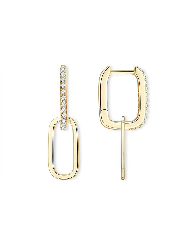 18K Solid Gold Dual Hoop Lab Grown Diamond Drop Earrings | 18K Solid Gold Stackable Dangle - Detail