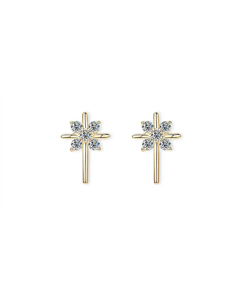 14K Solid Gold Lab Grown Diamond Cross Stud Earrings