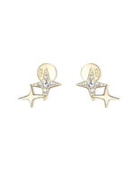 14K Solid Gold Double Star Natural Diamond Stud Earrings