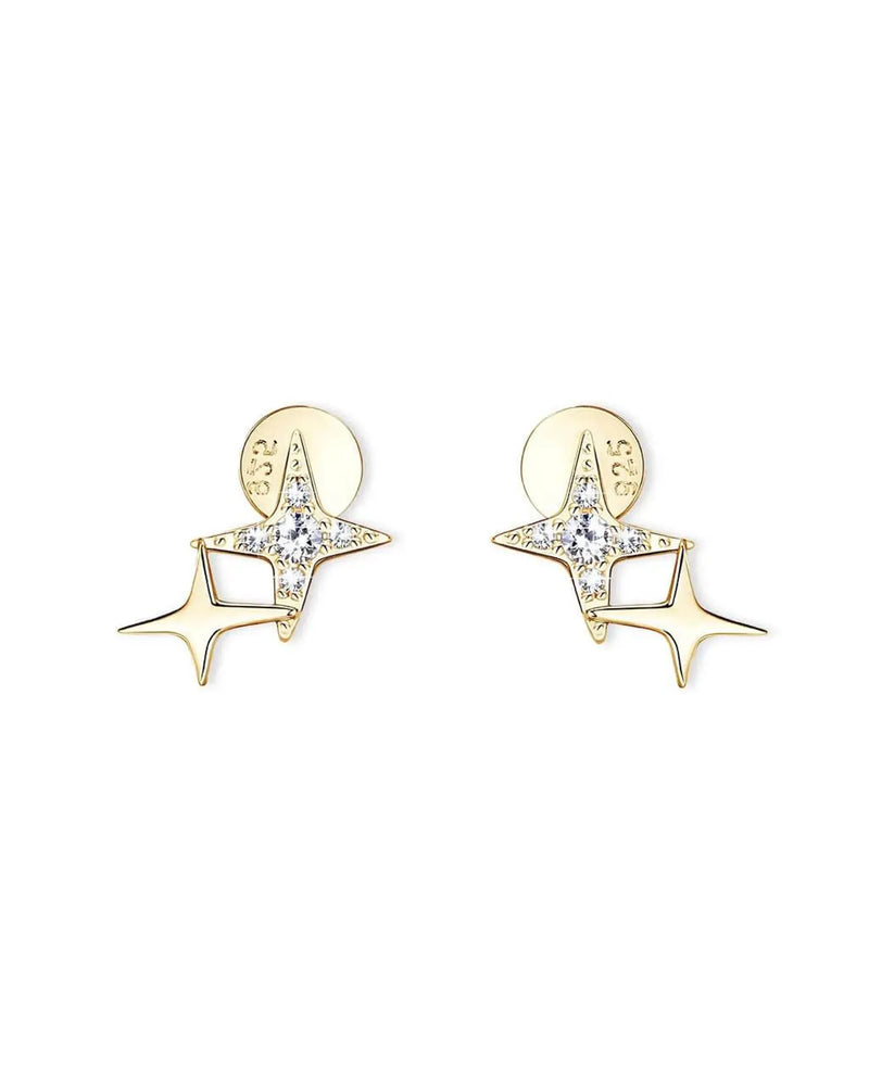18K Solid Gold Double Star Natural Diamond Stud Earrings - Detail | Riyanika Jewels