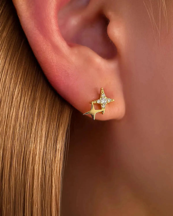 18K Solid Gold Double Star Natural Diamond Stud Earrings - Side View | Riyanika Jewels