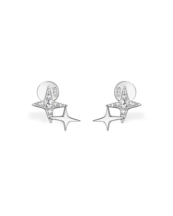 14K Solid Gold Double Star Natural Diamond Stud Earrings