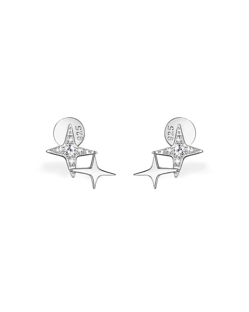 14K Solid Gold Double Star Natural Diamond Stud Earrings