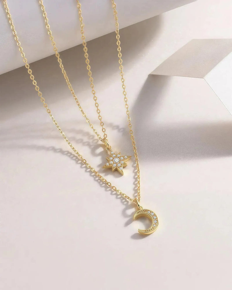 18K Solid Gold Moon and Star Double Chain Natural Diamond Pendant Necklaces - Detail