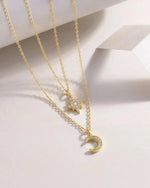14K Solid Gold Moon and Star Double Chain Lab Grown Diamond Pendant Necklaces