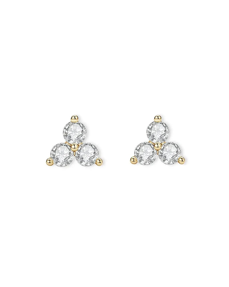 18K Solid Gold Three Stone Natural Diamond Studs | Triple Natural Diamond Stud Earrings - Detail