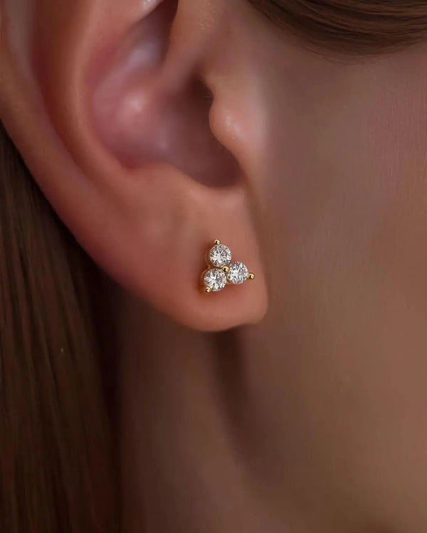18K Solid Gold Three Stone Natural Diamond Studs | Triple Natural Diamond Stud Earrings - Side View | Riyanika Jewels