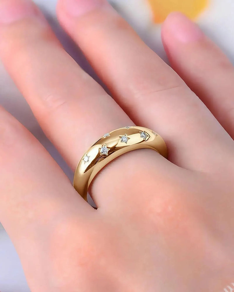 14K Solid Gold Star Inspired Natural Diamond Ring | 14K Solid Gold Minimal Stackable Diamond Band