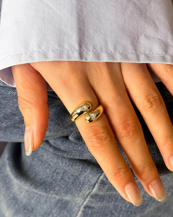 18K Solid Gold 0.6ct Double Pear Natural Diamond Ring | 18K Solid Gold Stackable Rings | - Side View | Riyanika Jewels