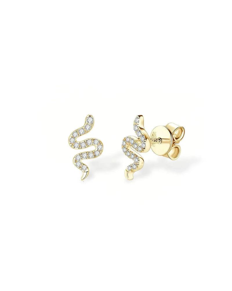 18K Solid Gold Lab Grown Diamond Snake Stud Earrings | Lab Grown Diamond Serpent Stud Earrings - Close Up | Riyanika Jewels