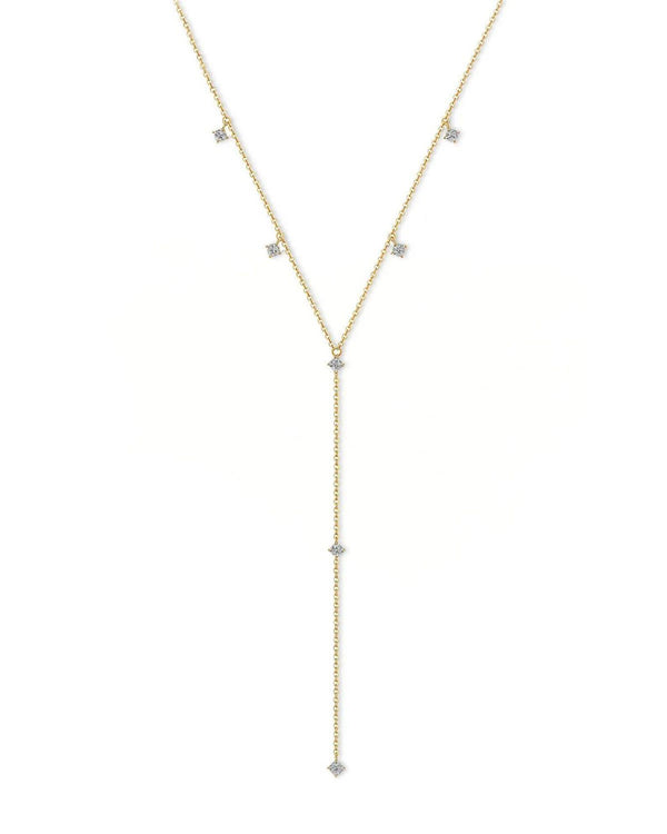 18K Solid Gold Y-Shaped Natural Diamond Necklace | Elegant Sparkling Lariat Necklace - Side View