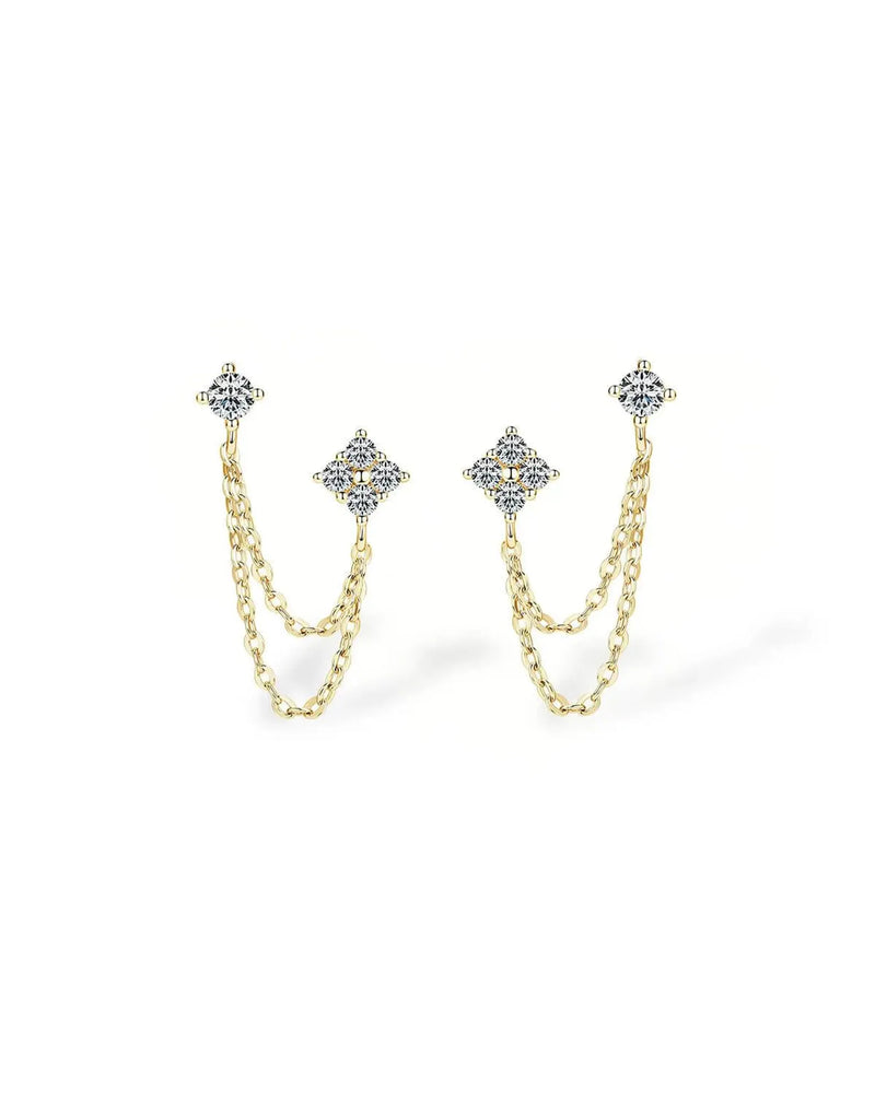 18K Solid Gold Natural Diamond Clover Chain Earrings - Close Up | Riyanika Jewels