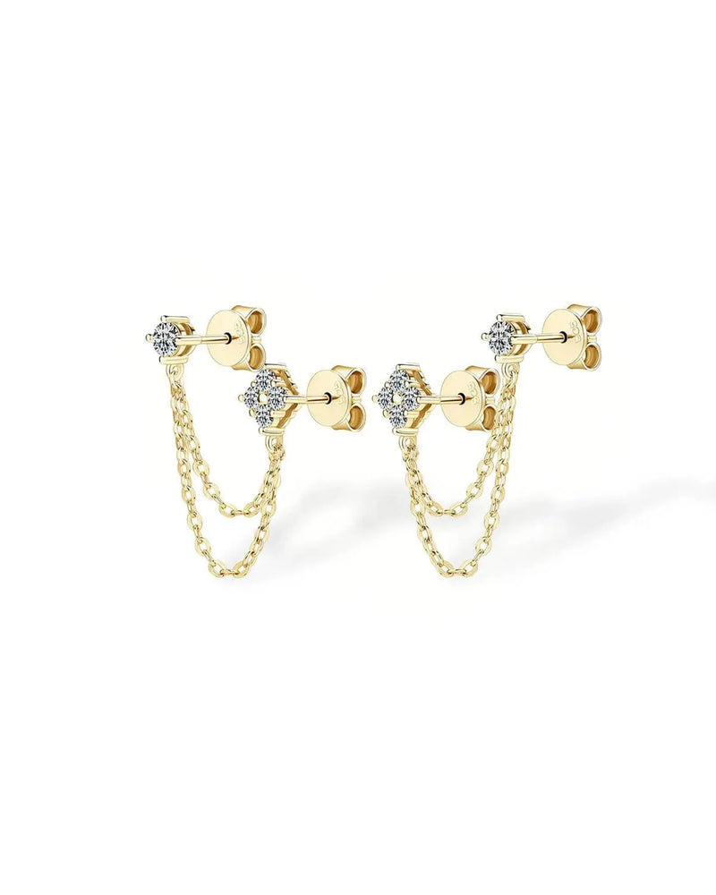 18K Solid Gold Natural Diamond Clover Chain Earrings - Alternate Angle | Riyanika Jewels
