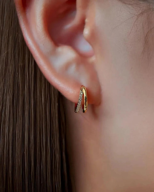 14K Solid Gold Diamond Huggie Earrings | Double Hoop Diamond