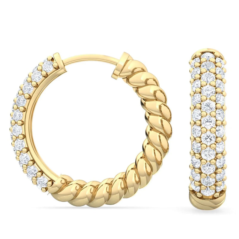 18K Solid Gold 0.41Ct Lab Grown Diamond Hoop Earrings | 18K Solid Gold Twisted Pave Huggies - Detail