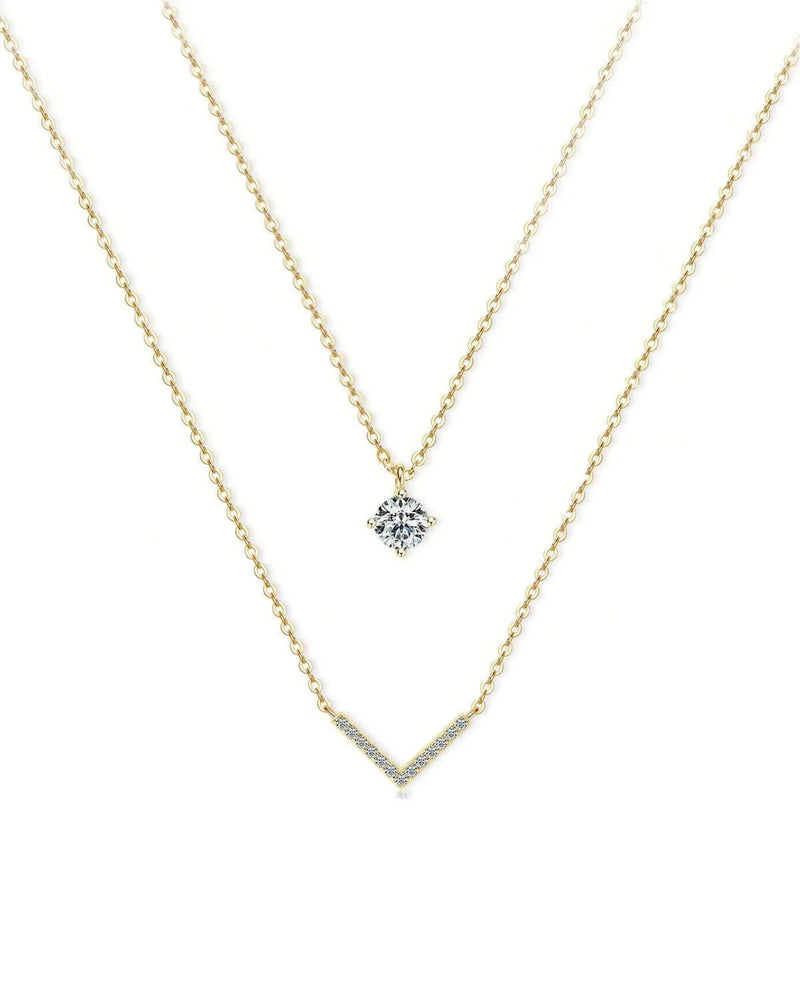 18K Solid Gold 0.5 Carat V Shaped Solitaire Natural Diamond Double Layer Necklace - Close Up