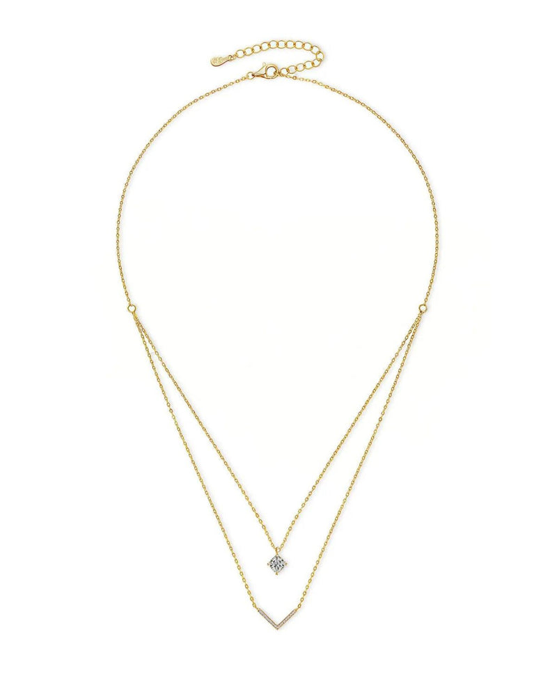 18K Solid Gold 0.5 Carat V Shaped Solitaire Natural Diamond Double Layer Necklace - Side View