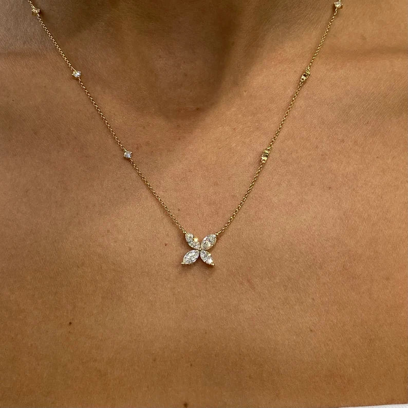 18K Solid Gold Marquise & Round Lab Grown Diamond Prong Flower Pendant Necklace - View 7