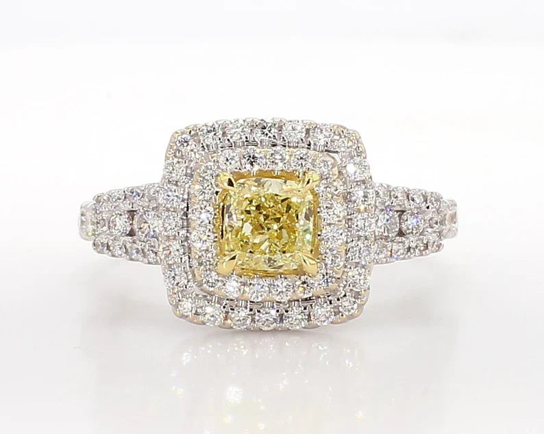 14K 1.18ct Lab Grown Yellow Diamond Cushion Cut Cocktail Ring