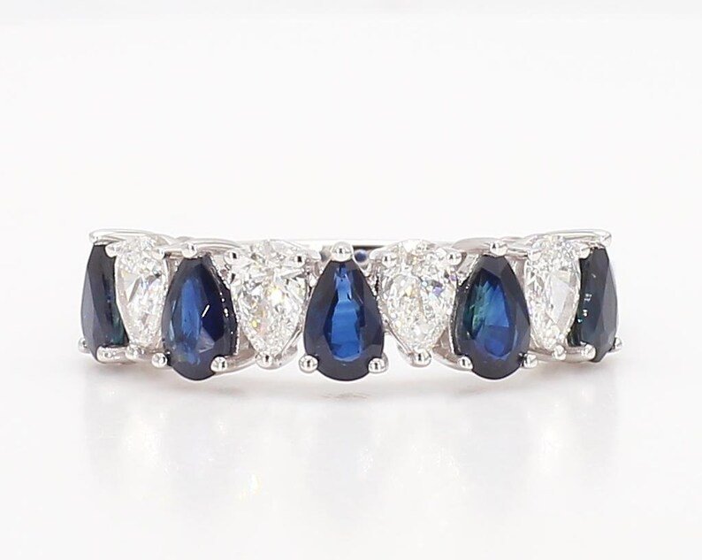 18K Solid Gold Blue Pear Sapphire & Lab Grown Diamond 2.14 Carat Cocktail Band - Side View