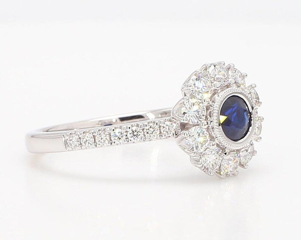 18K Solid Gold Blue Round Sapphire & Lab Grown Diamond 1.00 Carat Ring - Side View | Riyanika Jewels