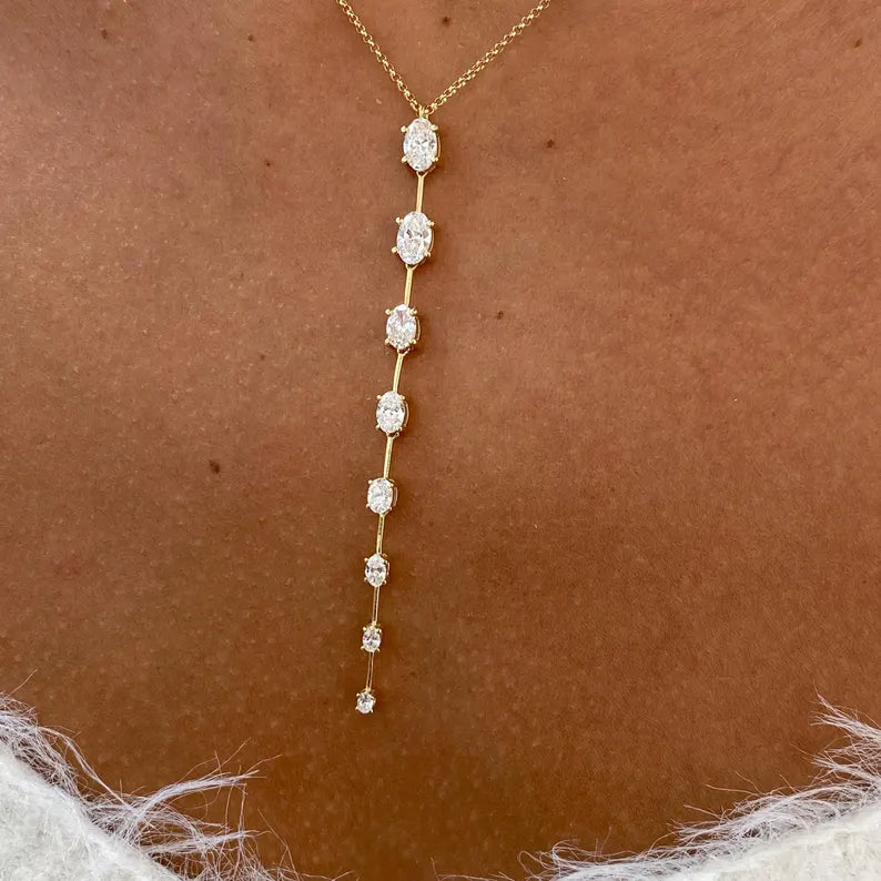 18K Solid Gold Lab Grown Diamond Oval Lariat Necklace - Alternate Angle | Riyanika Jewels