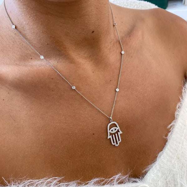14K Solid Gold Diamond Hamsa Pendant Necklace