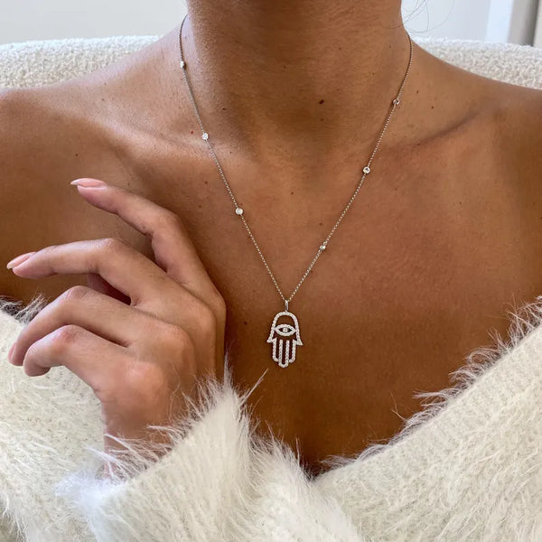18K Solid Gold Diamond Hamsa Pendant Necklace | Riyanika Jewels